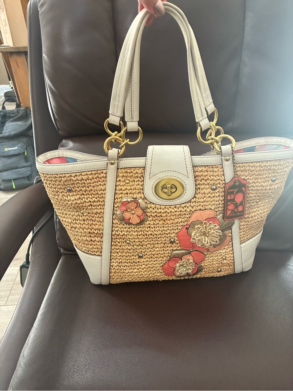 Coach Straw Shoulder Tote with White Trim and Coral Floral Appliqué